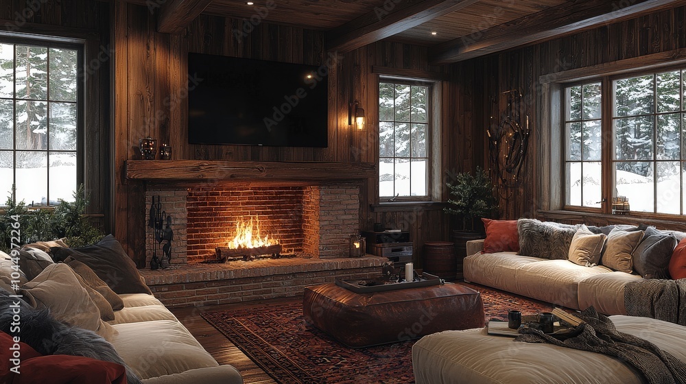 An inviting rustic living room with a flat-screen TV positioned over a charming brick fireplace, wooden furniture, and soft seating for a cozy entertainment space. An inviting rustic living room with a flat-screen TV positioned over a charming brick fireplace, wooden furniture, and soft seating for a cozy entertainment space.