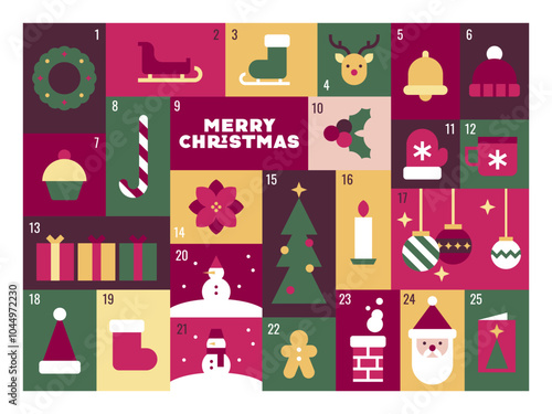 Christmas Advent Calendar with Holiday Icons and Cheerful Festive Colors