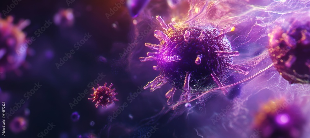 Close-up of a floating virus with purple light on dark background, 3D rendering Generative AI Close-up of a floating virus with purple light on dark background, 3D rendering Generative AI