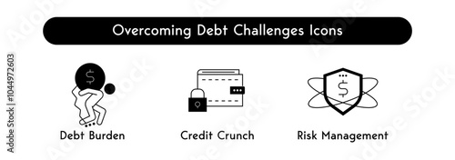 Overcoming Debt Challenges Icons: Debt Burden, Credit Crunch, Risk Management