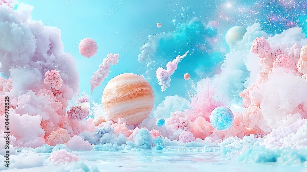Artistic rendition of a pastel-toned solar system with planets orbiting in harmony and galaxies swirling in the background. Artistic rendition of a pastel-toned solar system with planets orbiting in harmony and galaxies swirling in the background.