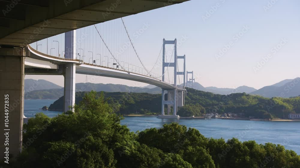 Kurushima Kaikyo Bridge, Early Morning in Imabari Japan, Shikoku Establishing Shot Kurushima Kaikyo Bridge, Early Morning in Imabari Japan, Shikoku Establishing Shot