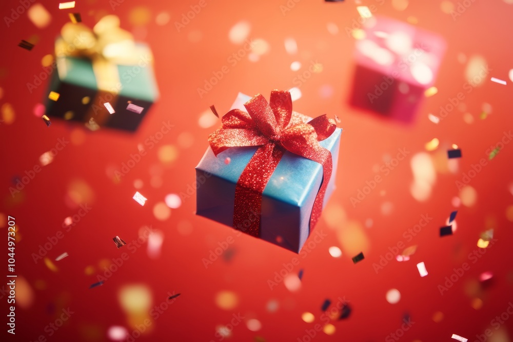 Christmas Gift with Confetti on Red Background, Holiday Celebration Concept Generative AI Christmas Gift with Confetti on Red Background, Holiday Celebration Concept Generative AI