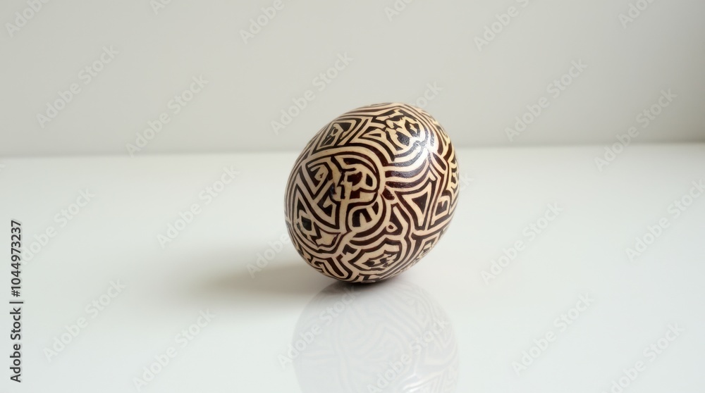 A single hand-painted decorative egg featuring intricate designs, resting on a smooth white surface. A single hand-painted decorative egg featuring intricate designs, resting on a smooth white surface.