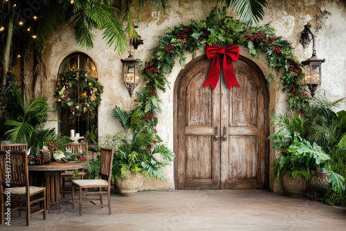 Rustic Door Adorned With A Giant Red Bow And Greenery, Evoking A Warm, Inviting Holiday Atmosphere Filled With Seasonal Cheer photo