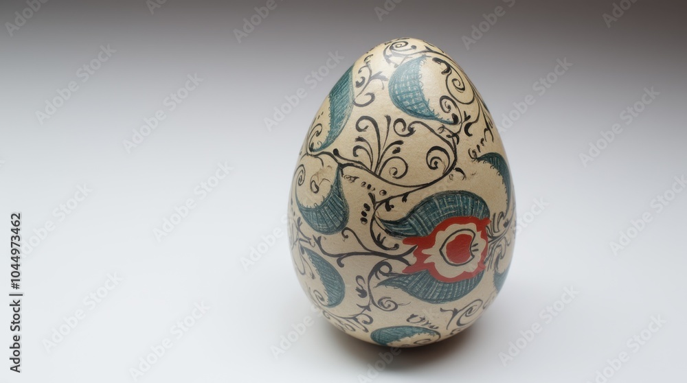 A single hand-painted decorative egg featuring intricate designs, resting on a smooth white surface. A single hand-painted decorative egg featuring intricate designs, resting on a smooth white surface.