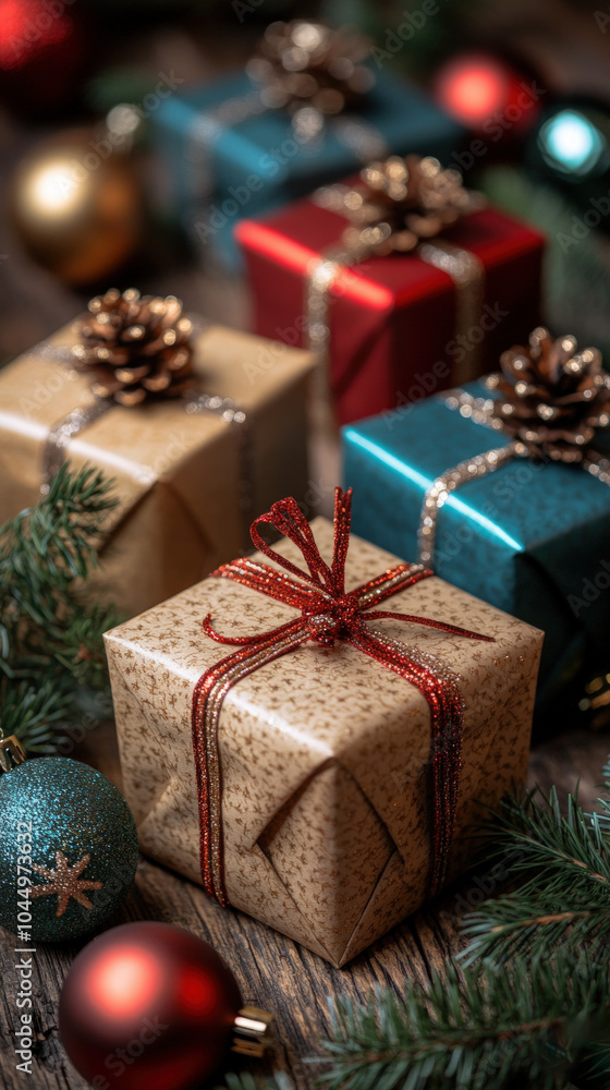 vibrant flat lay of various wrapped gifts, glittering ornaments, and evergreen branches on a rustic wooden table, providing a festive and colorful aesthetic for a wallpaper vibrant flat lay of various wrapped gifts, glittering ornaments, and evergreen branches on a rustic wooden table, providing a festive and colorful aesthetic for a wallpaper
