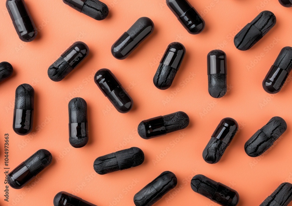 black capsules on a warm orange background, medical concept showcasing dietary supplements, contrasting colors enhance visual appeal for health related themes black capsules on a warm orange background, medical concept showcasing dietary supplements, contrasting colors enhance visual appeal for health related themes