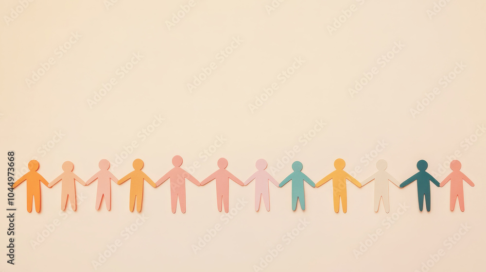 Teamwork and helping concept with paper chain cutout people holding hands on pastel yellow background. Generative AI Teamwork and helping concept with paper chain cutout people holding hands on pastel yellow background. Generative AI