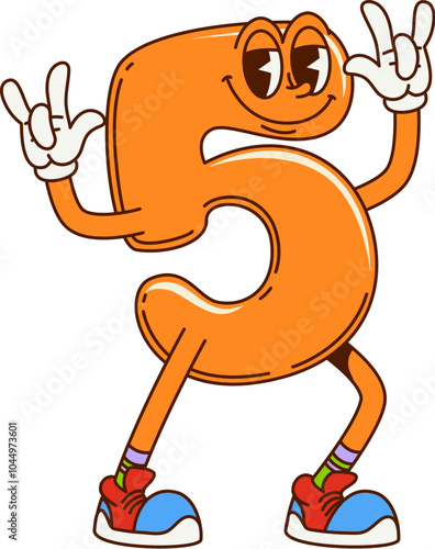 Groovy math number five retro cartoon character with funny face, vector mathematics emoji. Groovy number 5 five with freaky smile and ILY or I love You fingers gesture for kids math cartoon character