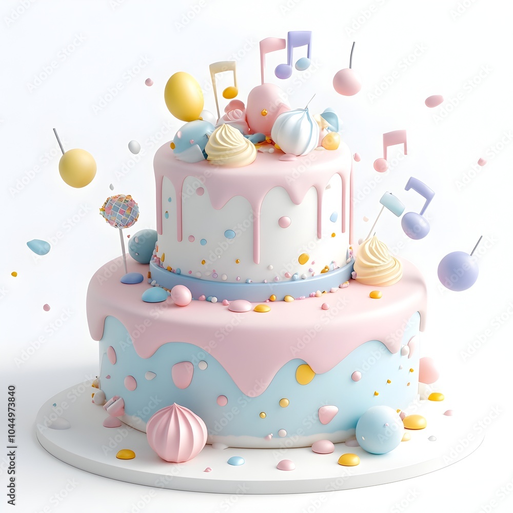 Festive 3D Icon Featuring Pastel Colored Cake with Musical Notes on White Background Festive 3D Icon Featuring Pastel Colored Cake with Musical Notes on White Background