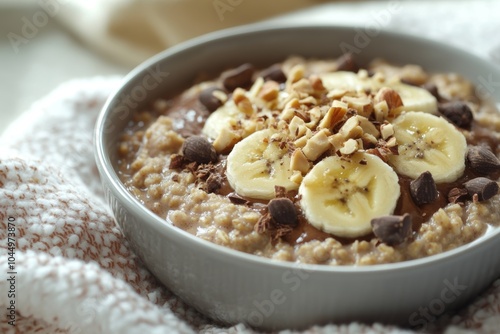 Delicious oatmeal bowl with peanut butter, banana, hazelnuts, and cocoa nibs, perfect for a healthy breakfast or brunch Generative AI