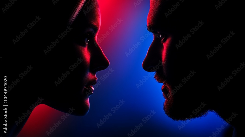 Silhouette of a man and woman facing each other, illuminated by red and blue light. Silhouette of a man and woman facing each other, illuminated by red and blue light.