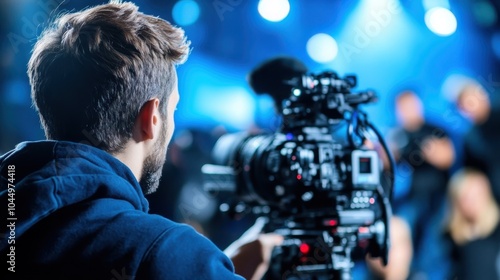 A videographer is filming with a professional camera in a studio setting, capturing creativity and the essence of modern video production with precision.