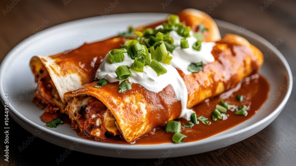This appetizing image captures the vibrant look of enchiladas topped with a generous amount of rich sauce, sour cream, and freshly sliced green onions on a ceramic dish. This appetizing image captures the vibrant look of enchiladas topped with a generous amount of rich sauce, sour cream, and freshly sliced green onions on a ceramic dish.