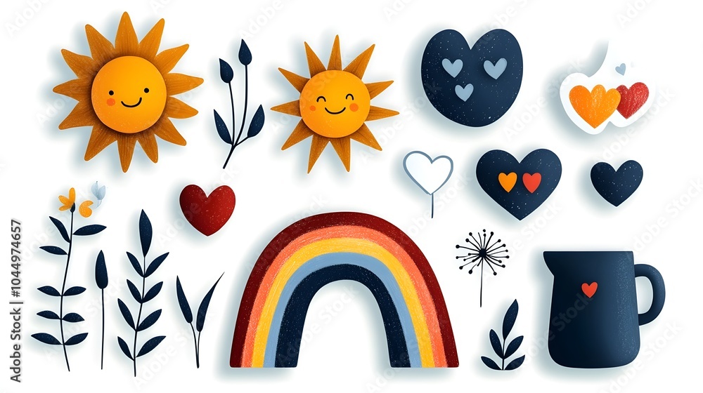Vibrant Crayon Drawn Abstract Sticker Pack with Rainbow Sun Hearts and Playful Doodle Shapes in a Naive Childish Style Perfect for Kids Collages Scrapbooking and Creative DIY Projects Vibrant Crayon Drawn Abstract Sticker Pack with Rainbow Sun Hearts and Playful Doodle Shapes in a Naive Childish Style Perfect for Kids Collages Scrapbooking and Creative DIY Projects