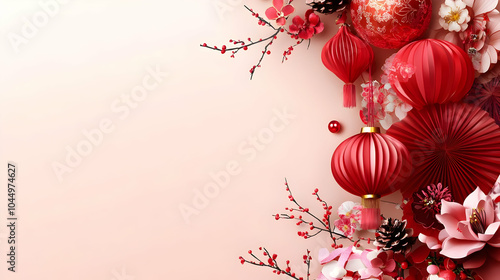 Red Lanterns and Flowers on...