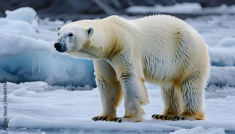 white polar bear standing against a blurred glacier and snow background white polar bear standing against a blurred glacier and snow background