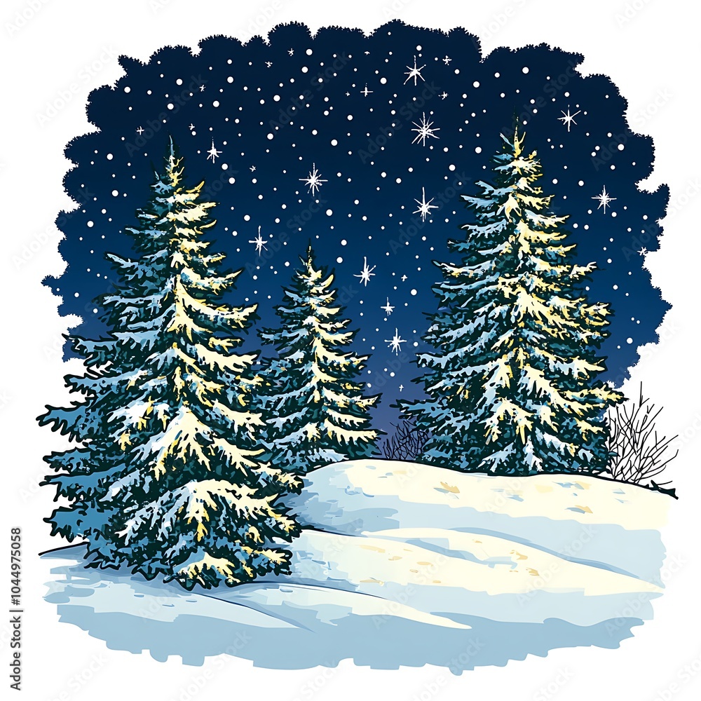 Obraz premium Snowy pine trees under a starry night sky in a serene winter landscape
