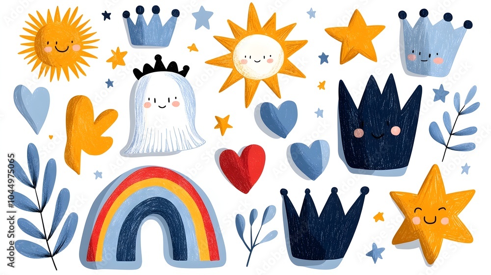 Colorful and Playful Abstract Sticker Design with Crayon Drawn Shapes Including Rainbows Suns Hearts Stars and Crowns in a Whimsical Naive Style Colorful and Playful Abstract Sticker Design with Crayon Drawn Shapes Including Rainbows Suns Hearts Stars and Crowns in a Whimsical Naive Style