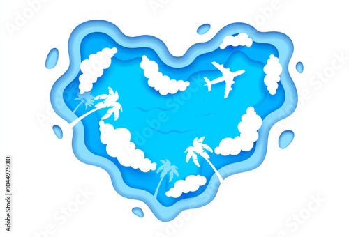 Paper cut plane in cloudy sky with heart shape clouds and palms, vector banner. Summer travel and holiday vacations background of paper cut heart with airplane and palms for summertime tropical dream