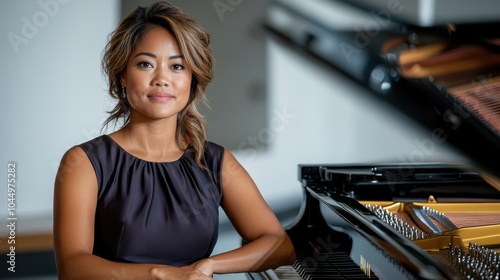 A poised woman elegantly dressed in formal attire sits beside a grand piano, evoking sophistication and musical passion in this serene composition.