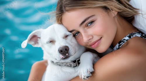 A young woman is happily embracing her white dog by a swimming pool, both smiling contentedly, capturing a moment of joy, companionship, and relaxation on a sunny day.