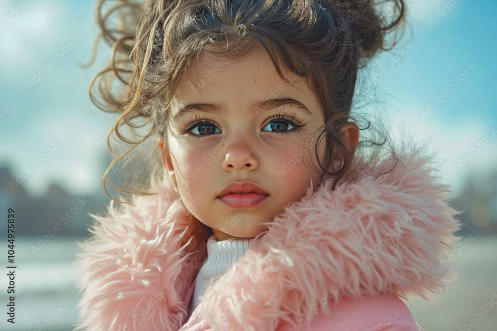 A little girl in a pink fur coat looking at the camera A little girl in a pink fur coat looking at the camera