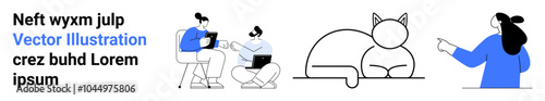 Minimalistic design with two people using laptops, a simple line drawing of a cat, and a person in blue pointing. Ideal for teamwork, technology, pets, minimalism, modern. Banner for landing page