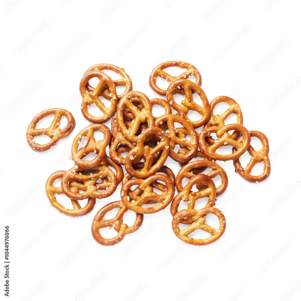 Many delicious pretzel crackers isolated on white, top view Many delicious pretzel crackers isolated on white, top view