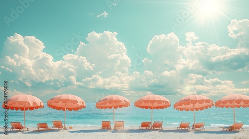 a beach with pastel umbrellas and people enjoying themselves under the sun.