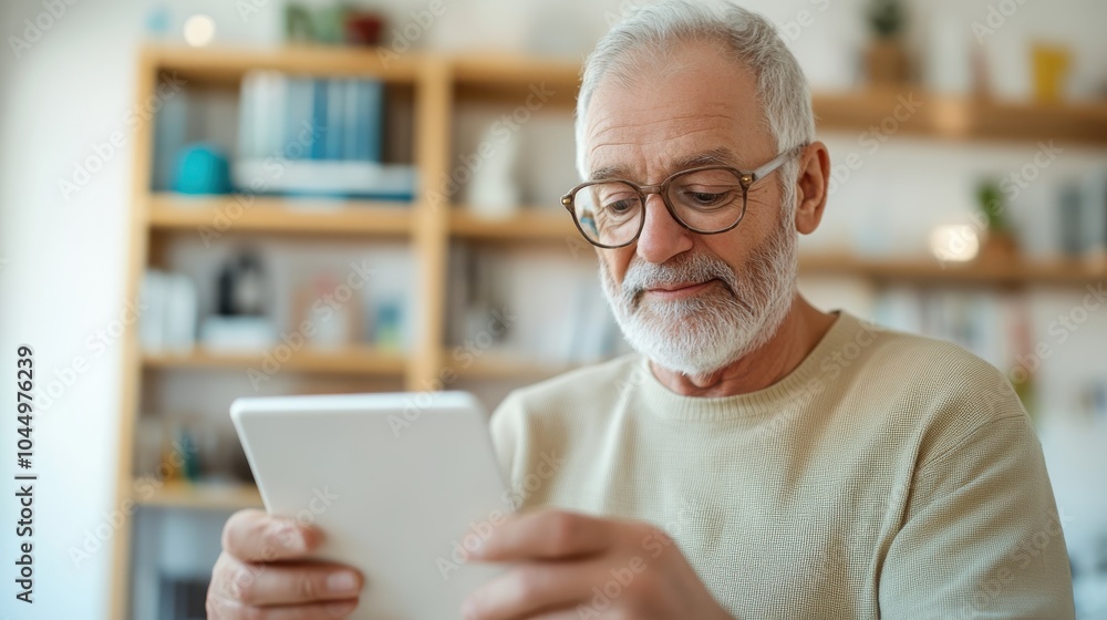 An older man with a white beard sits comfortably in a modern library space, using a tablet. He wears glasses and a cream sweater, surrounded by bookshelves. An older man with a white beard sits comfortably in a modern library space, using a tablet. He wears glasses and a cream sweater, surrounded by bookshelves.