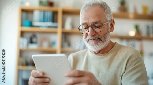 An older man with a white beard sits comfortably in a modern library space, using a tablet. He wears glasses and a cream sweater, surrounded by bookshelves.