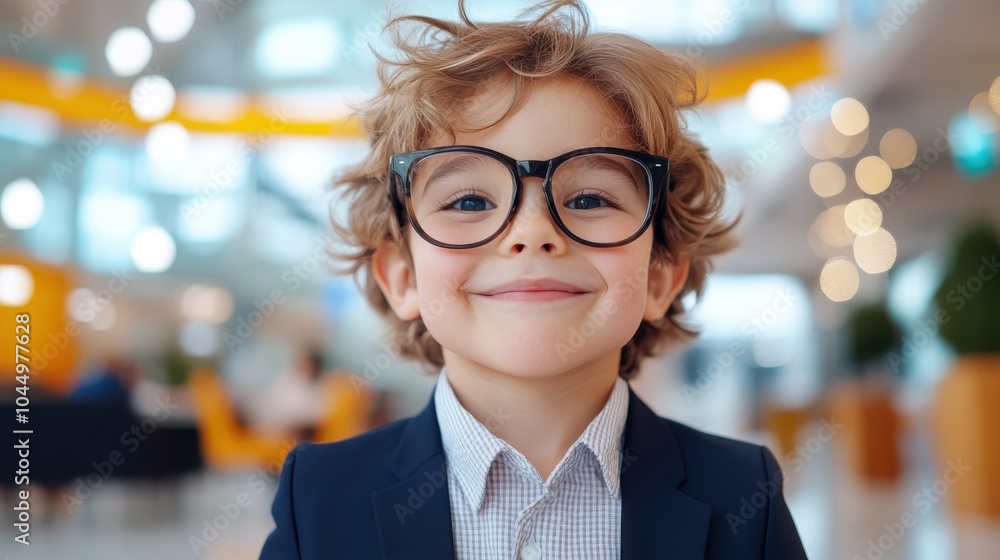 A young child, wearing large glasses and a formal suit, beams with joy in a brightly lit indoor space, epitomizing innocence, happiness, and confident charm. A young child, wearing large glasses and a formal suit, beams with joy in a brightly lit indoor space, epitomizing innocence, happiness, and confident charm.
