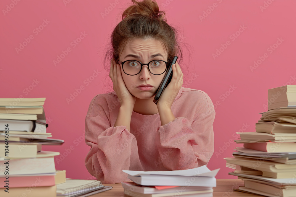 Stressed woman on the phone surrounded by paperwork in an office setting
Stressed woman on the phone surrounded by paperwork in an office setting