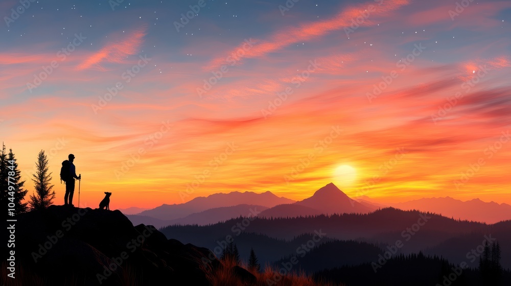 Silhouetted against a stunning sunset, a dog and its owner enjoy a tranquil moment atop a mountain, symbolizing companionship and the beauty of nature's vistas. Silhouetted against a stunning sunset, a dog and its owner enjoy a tranquil moment atop a mountain, symbolizing companionship and the beauty of nature's vistas.