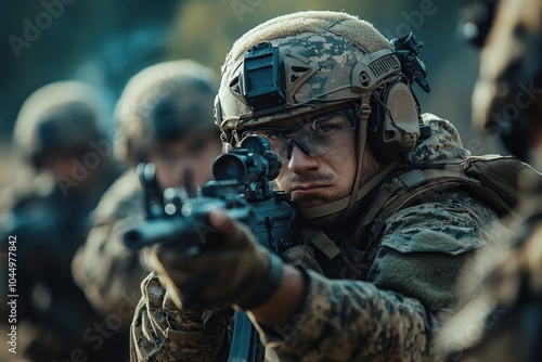 Modern battlefield warfare, highlighting the combination of traditional combat tactics and modern technology in today military engagements photo