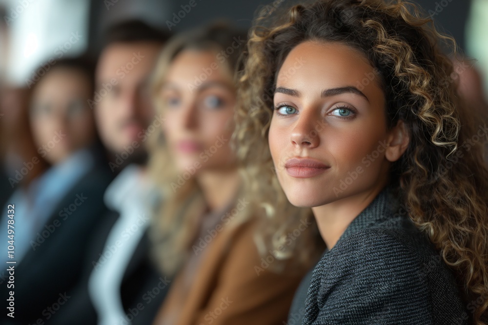 A confident woman with curly hair sits focused at a meeting, with other attendees blurred in the background. A confident woman with curly hair sits focused at a meeting, with other attendees blurred in the background.
