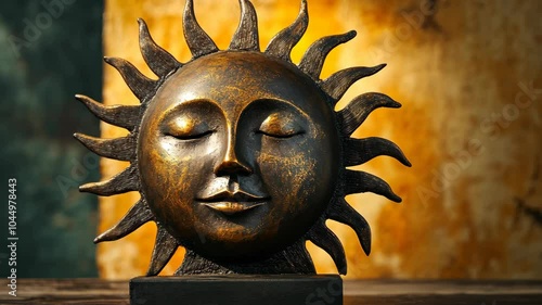 A bronze sun sculpture with closed eyes sits on a wooden table