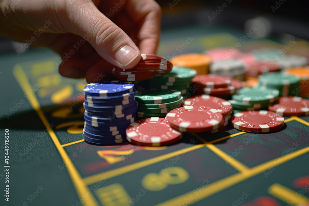 Hand placing poker chips on a casino table during a game
Hand placing poker chips on a casino table during a game