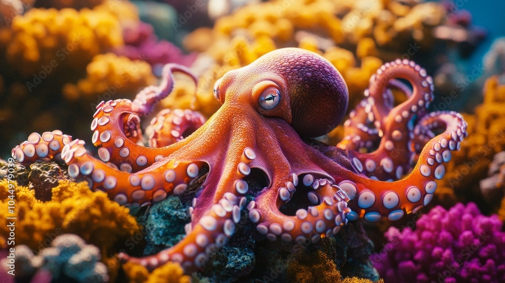 A large orange octopus is standing on a coral reef A large orange octopus is standing on a coral reef