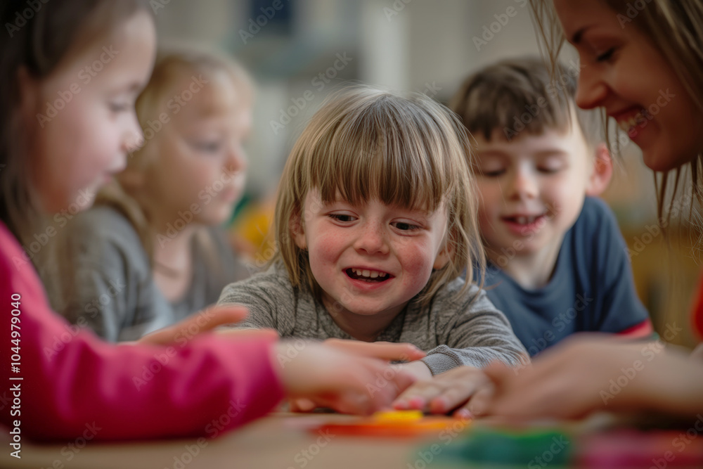 a teacher interacting with children with Down syndrome during a group learning activity a teacher interacting with children with Down syndrome during a group learning activity