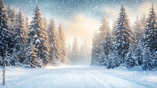 A snowy path winds through a forest of snow-covered fir trees, with the sun shining through the branches and snowflakes falling in the air.