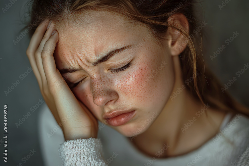 Young woman closing her eyes in pain, holding her forehead with her hand
Young woman closing her eyes in pain, holding her forehead with her hand