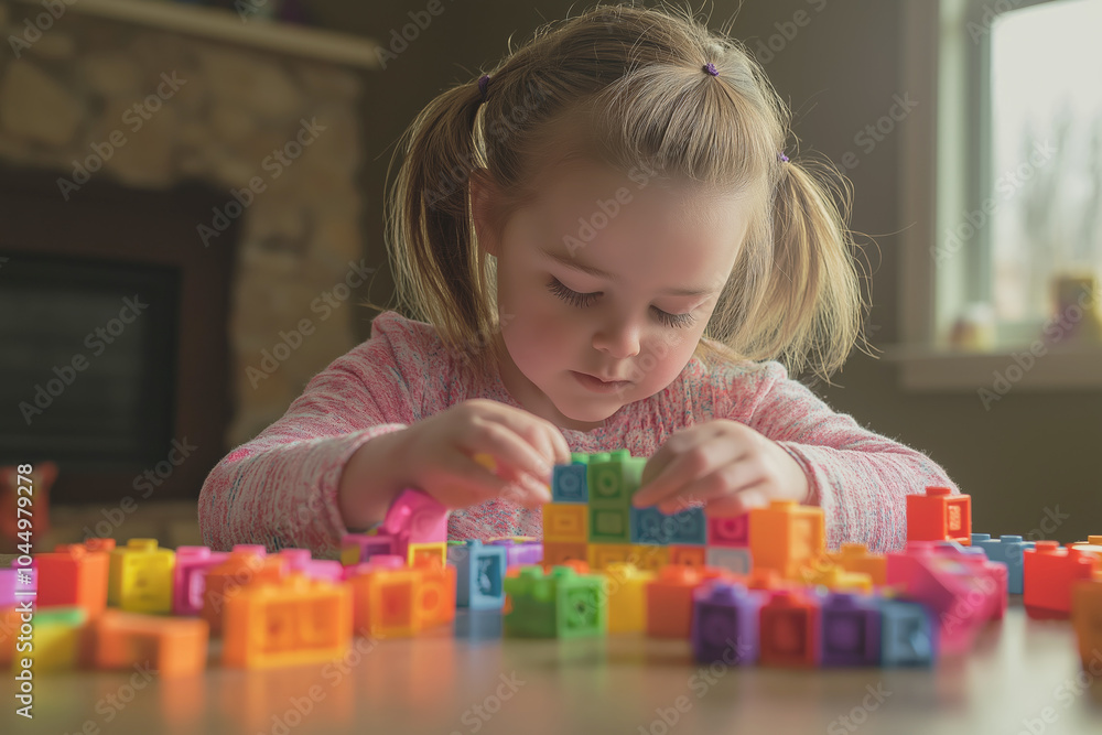 Little girl concentrating while playing with colorful building blocks
Little girl concentrating while playing with colorful building blocks