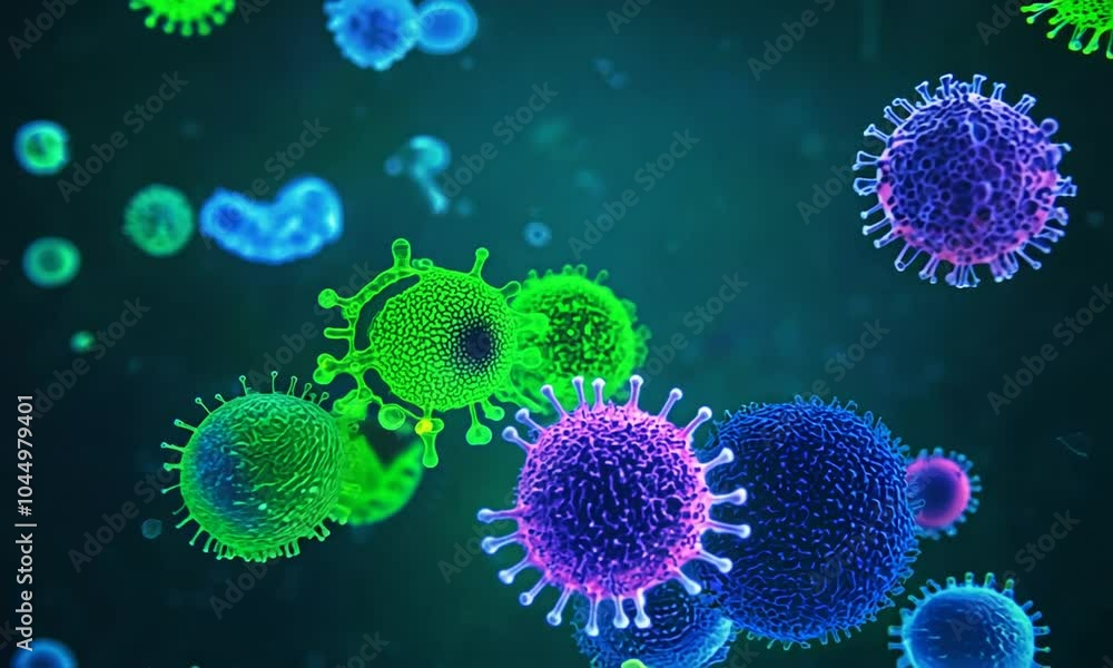 Colorful microscopic view of floating virus particles in vibrant colors with a dark background Colorful microscopic view of floating virus particles in vibrant colors with a dark background