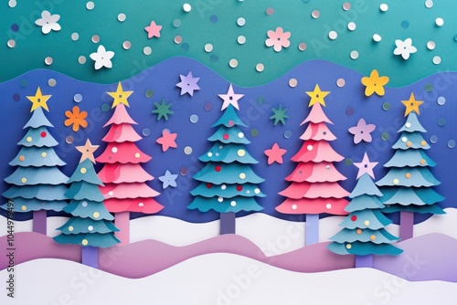 Magical colorful forest paper background christmas.