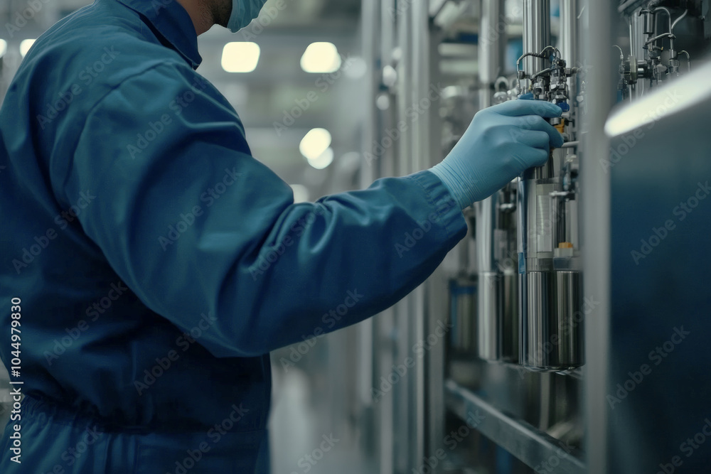 factory worker in blue uniform checking equipment on a production line, close-up shot, industrial setting factory worker in blue uniform checking equipment on a production line, close-up shot, industrial setting