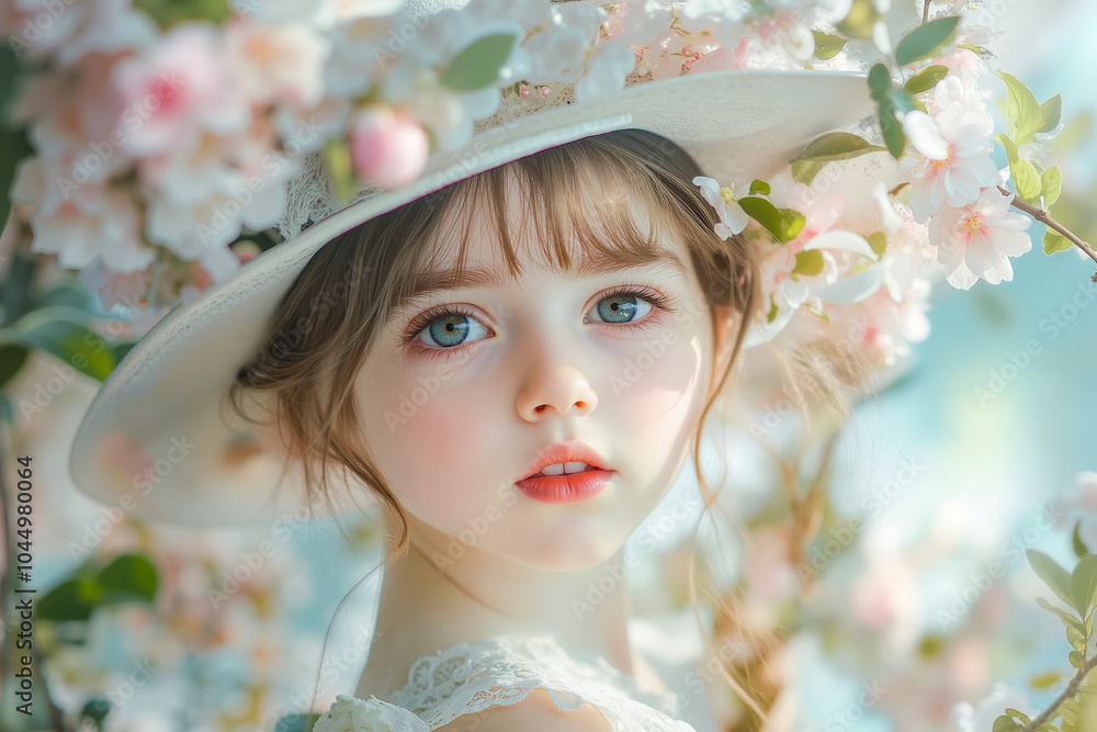 A little girl wearing a white hat with flowers on it A little girl wearing a white hat with flowers on it