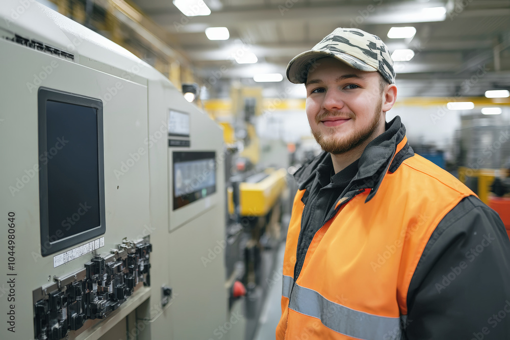 Smiling worker in a factory wearing safety gear and a camouflage cap
Smiling worker in a factory wearing safety gear and a camouflage cap